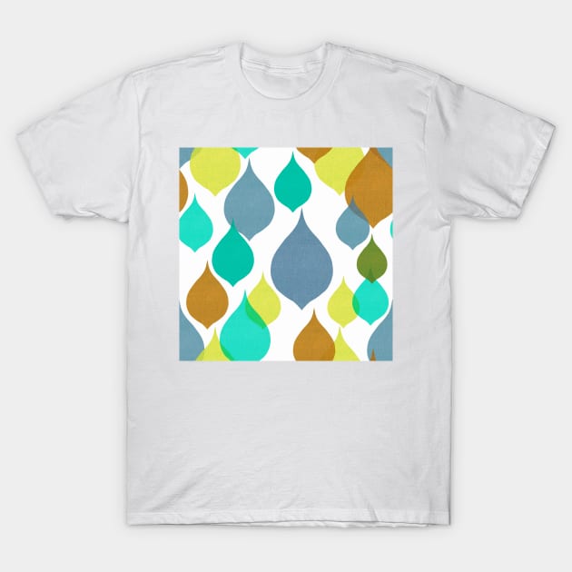 Sixties teardrop shape geometric brown, blue, yellow, Linen textured heart T-Shirt by Kimmygowland